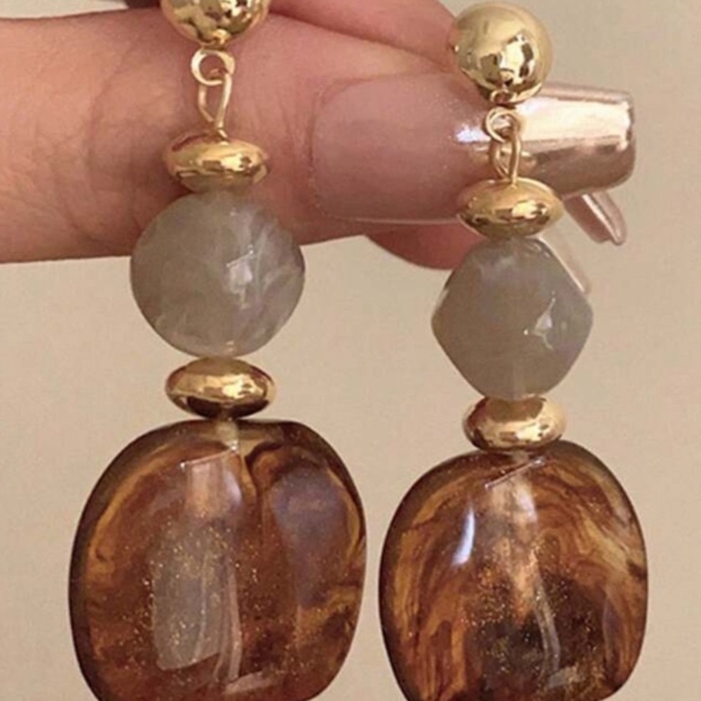 Gold-Tone Brown & Taupe Resin Bead Drop Earrings
